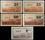 Llevantí de Mar. 25 (dos), 50 céntimos (dos) y 1 peseta. (T. 1541 a 1543). 5 billetes, una serie completa, todos los del Ajuntament. Uno de 25 céntimo...