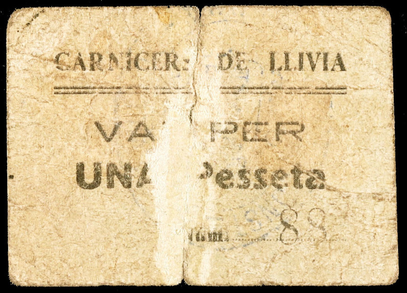 Llivia. Carniceria de Llivia. 1 peseta. (AL. falta) (RGH. falta). Cartón nº 88. ...