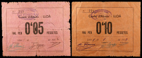 Lloà. Comité d'Abastos. 5 y 10 céntimos. (T. falta valor) (RGH. 8414, falta foto y 8415). 2 billetes, ambos con sello tampón en anverso de la Cooperat...