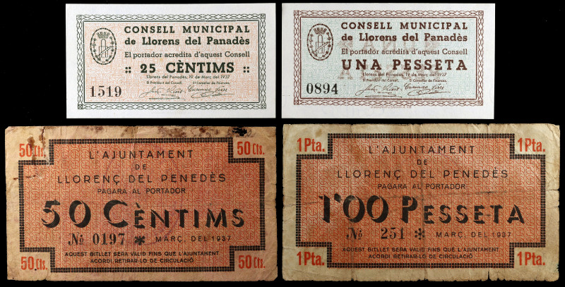 Llorenç del Penedès. 25, 50 céntimos y 1 peseta (dos). (T. 1560 a 1563). 4 bille...