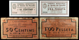 Llorenç del Penedès. 25, 50 céntimos y 1 peseta (dos). (T. 1560 a 1563). 4 billetes, todos los del Consell Municipal. Uno de 50 céntimos, nº 0197 y ot...