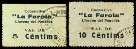 Llorenç del Penedès. Cooperativa "La Farola". 5 y 10 céntimos. (AL. falta) (RGH. 8432 var y falta). 2 cartones. Raros. MBC+/EBC-.