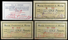 Llorenç de Morunys. 25 céntimos y 1 peseta (tres). (T. 1564, 1565, 1565a y 1566a). 4 billetes, todos los de la localidad. Raros. MBC-/EBC+.