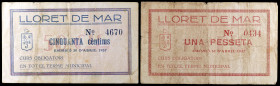 Lloret de Mar. 50 céntimos y 1 peseta. (T. 1573 y 1574). 2 billetes, serie completa. Escasos. BC+/MBC-.