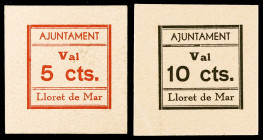 Lloret de Mar. 5 y 10 céntimos. (T. 1578 y 1579). 2 cartones, serie completa. Muy raros y más así. EBC+.