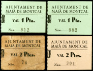 Maià de Montcal. 1 (dos) y 2 pesetas (dos). (T. 1590, 1590a, 1591a y 1591b). 4 cartones, 2 series completas. Uno de 2 pesetas, nº 74. Rarísimos. BC/EB...