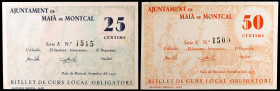 Maià de Montcal. 25 y 50 céntimos. (T. 1592 y 1593). 2 billetes, serie completa. Raros y más así. EBC/EBC+.