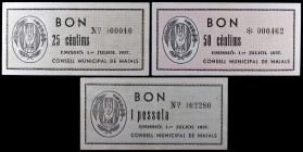 Maials. 25, 50 céntimos y 1 peseta. (T. 1595a, 1596 y 1597). 3 billetes, serie completa. Los 25 céntimos, nº 000010. Raros y más así. MBC+/EBC.
