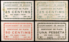 Maldà. 25 (dos), 50 céntimos y 1 peseta. (T. 1598 a 1600 y 1600a). 4 billetes, una serie completa. Nº 0135, 0168 y 0353. Raros y más así. MBC+/EBC+....
