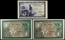 Malla i Miramberc. 50 céntimos y 1 peseta (dos). (T. 1615, 1615a y 1616a). 3 billetes, serie completa. Una peseta, nº 0383. Escasos y más así. EBC/EBC...