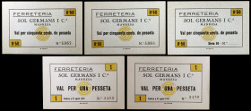 Manresa. Ferreteria Sol Germans. Industria Col·lectivitzada. 50 céntimos (tres) y 1 peseta (dos). (AL. 3173, 3174 y falta) (RGH. 8516 a 8518). 5 bille...