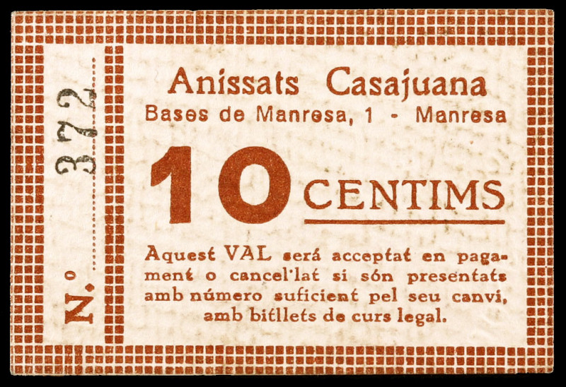 Manresa. Anissats Casajuana. 10 céntimos. (AL. 3178) (RGH. 8501). Cartón nº 372....