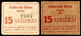 Manresa. Solidaritat Obrera. M. González. 15 céntimos. (T. 3189 y 3189 var) (RGH. 8549 y falta). 2 cartones distintos. Raros. MBC-/MBC+.