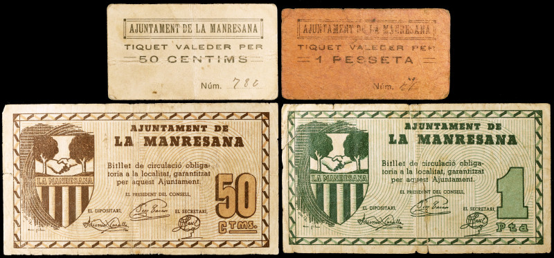 La Manresana. 50 céntimos (dos) y 1 peseta (dos). (T. 1624, 1625a, 1626 var y 16...