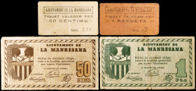 La Manresana. 50 céntimos (dos) y 1 peseta (dos). (T. 1624, 1625a, 1626 var y 1627). 2 billetes y 2 cartones, todos los de la localidad. Una peseta, n...