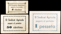Marçà. El Sindicat Agrícola. 5, 50 céntimos y 1 peseta. (T. 1634, 1635 y 1638). 3 cartones. No figuraba ningún billete del Sindicato en la Colección B...