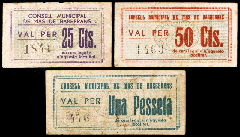 Mas de Barberans. 25, 50 céntimos y 1 peseta. (T. 1660 a 1662). 3 billetes, seri...