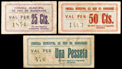 Mas de Barberans. 25, 50 céntimos y 1 peseta. (T. 1660 a 1662). 3 billetes, serie completa. Muy raros. MBC-/MBC+.