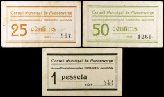 Masdenverge. 25, 50 céntimos y 1 peseta. (T. 1669 a 1671). 3 cartones, serie completa. Muy raros. MBC/EBC-.