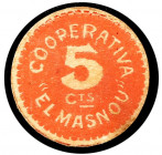 El Masnou. Cooperativa. 5 céntimos. (AL. falta valor, cita el de 10 céntimos) (RGH. 8608). Cartón redondo. Muy raro. MBC+.