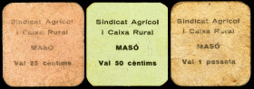 La Masó. Sindicat Agrícol i Caixa Rural. 25, 50 céntimos y 1 peseta. (T. 1675, 1676 y 1677b). 3 cartones con el tampón del Ayuntamiento. El de peseta,...