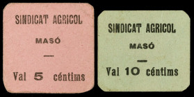 La Masó. Sindicat Agrícol. 5 y 10 céntimos. (T. 1680a var y 1681a). 2 cartones, serie completa. El de 10 céntimos de distinto tamaño y sin la raya en ...
