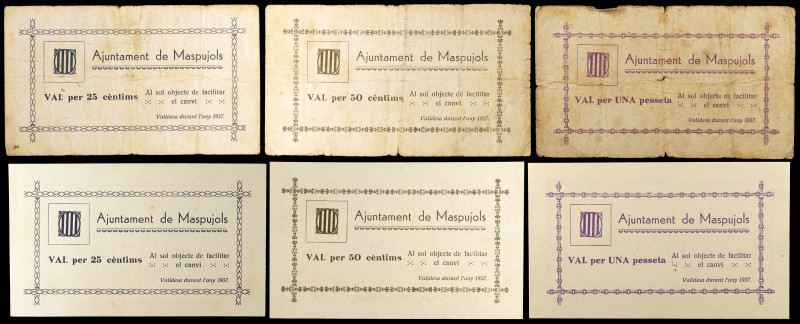 Maspujols. 25 (dos), 50 céntimos (dos) y 1 peseta (dos). (T. 1683 a 1685). 6 bil...