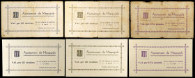 Maspujols. 25 (dos), 50 céntimos (dos) y 1 peseta (dos). (T. 1683 a 1685). 6 billetes, todos los de l'Ajuntament. Una serie son pruebas de imprenta nº...