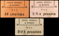 El Masroig. 50 céntimos, 1 y 2 pesetas. (T. 1690, 1692 y 1693). 3 cartones. La peseta en cartón blanco no figuraba en la Colección Balsach, Áureo 17/1...