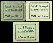 Massalcoreig. 50 céntimos, 1 y 2 pesetas. (T. 1694 a 1696). 3 cartones, serie completa. Las 2 pesetas no figuraban en la Colección Balsach, Áureo 17/1...