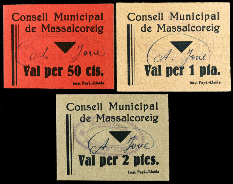 Massalcoreig. Consell Municipal. 50 céntimos, 1 y 2 pesetas. (T. 1697 a 1699). 3...