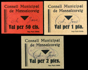 Massalcoreig. Consell Municipal. 50 céntimos, 1 y 2 pesetas. (T. 1697 a 1699). 3 cartones, serie completa. Las 2 pesetas no figuraban en la Colección ...