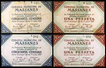 Massanes. 50 céntimos (dos) y 1 peseta (dos). (T. 1703, 1703a, 1704 y 1704a). 4 billetes, todos los de la localidad. Letras de serie grandes y pequeña...