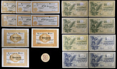 Mataró. 25, 50 céntimos (once) y 1 peseta (seis). (T. 1705 a 1708 y falta). 17 billetes, todos los del Ajuntament, con variantes y un cartón redondo c...