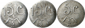 Mataró. Sindicat Agrícola. 5 y 15 céntimos (dos). (T. 1709 y 1710) (AL. 465 y 466). 3 monedas. Muy raros. MBC+.