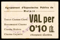 Mataró. Agrupament d'Espectacles Públics. 10 céntimos. (AL. 470) (RGH. 8662). Cartón. Raro. MBC+.