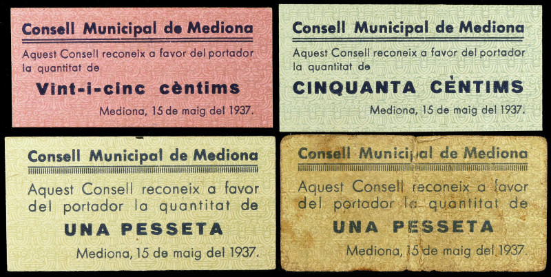 Mediona. 25, 50 céntimos y 1 peseta. (T. 1712, 1712a, 1713b y 1714). 4 cartones,...