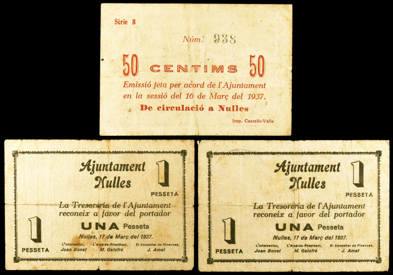 Nulles. 50 céntimos y 1 peseta (dos). (T. 1908, 1908a y 1909). 3 billetes, serie...