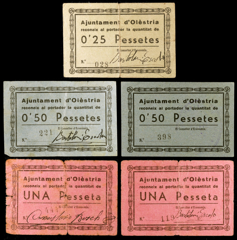 Olèstria. 25, 50 céntimos (dos) y 1 peseta (dos). (T. 1932, 1932b, 1933, 1933e v...