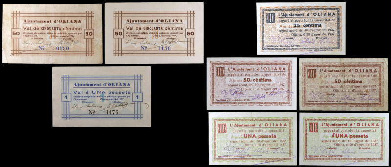 Oliana. 25, 50 céntimos (cuatro) y 1 peseta (tres). (T. 1935 a 1939). 8 billetes...