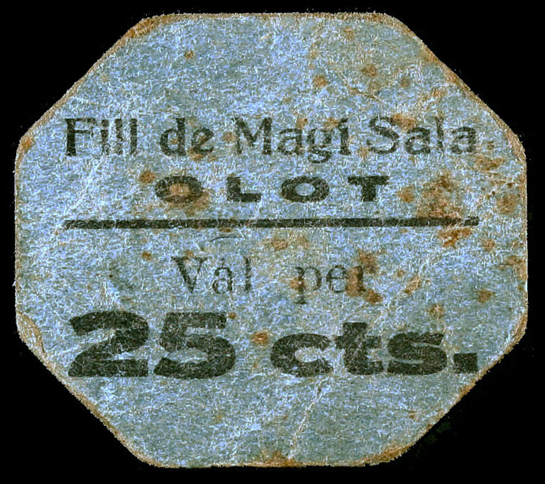 Olot. Fill de Magí Sala. 25 céntimos. (AL. 2300) (RGH. 9004). Cartón. Manchitas....