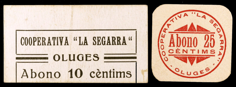 Les Oluges. Cooperativa "La Segarra". 10 y 25 céntimos. (T. 1957a y 1958a). 2 ca...