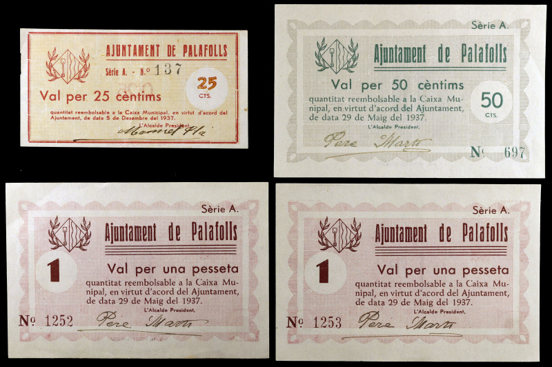 Palafolls. 25, 50 céntimos y 1 peseta (dos). (T. 1993 a 1995). 4 billetes, una p...