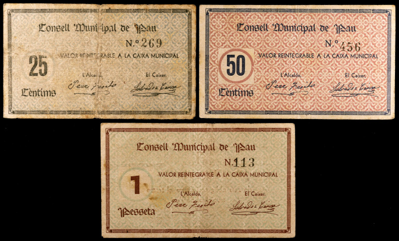 Pau. 25, 50 céntimos y 1 peseta. (T. 2072 a 2074). 3 billetes, todos los de la l...