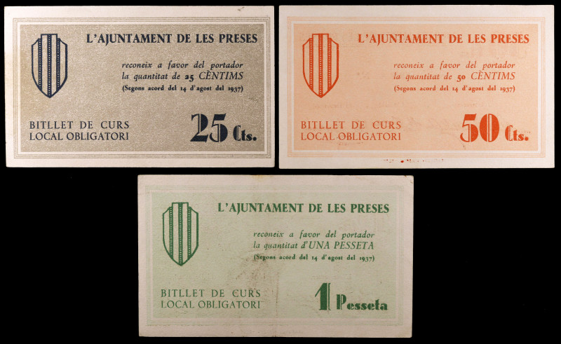 Les Preses. 25, 50 céntimos y 1 peseta. (T. 2322 a 2324). 3 billetes, todos los ...