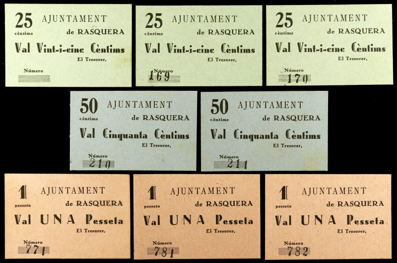 Rasquera. 25 (tres), 50 céntimos (dos) y 1 peseta (tres). (T. 2385, 2385a, 2386,...