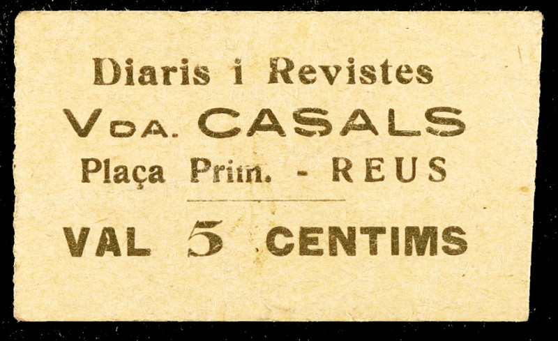 Reus. Diaris i Revistes. Vda. Casals. Plaça Prim. 5 céntimos. (AL. falta) (RGH. ...