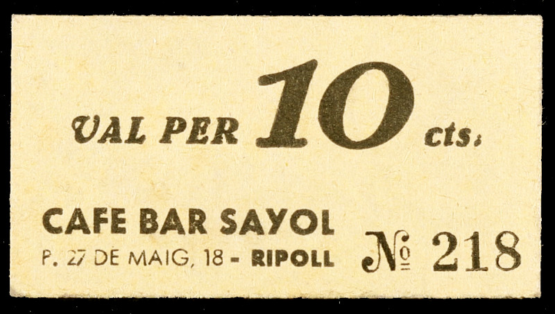 Ripoll. Café Bar Sayol. 10 céntimos. (AL. falta) (RGH. falta). Cartón nº 218. Ra...