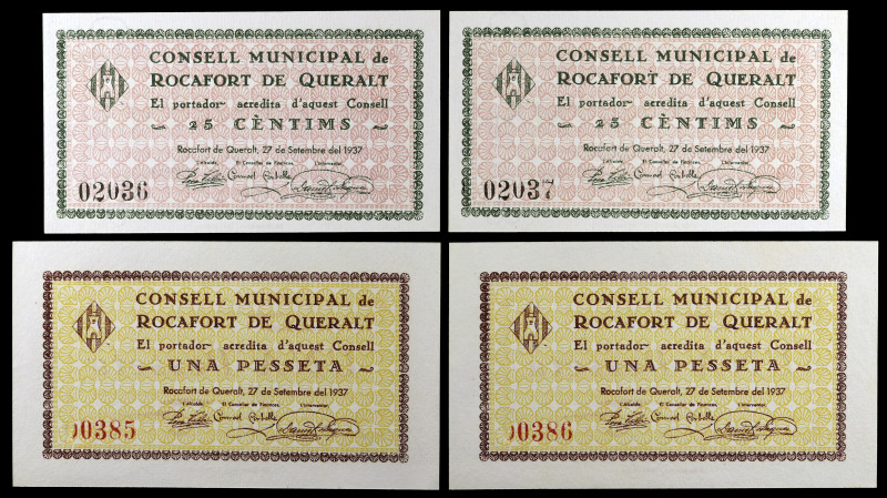 Rocafort de Queralt. 25 céntimos (dos) y 1 peseta (dos). (T. 2515 y 2516). 4 bil...