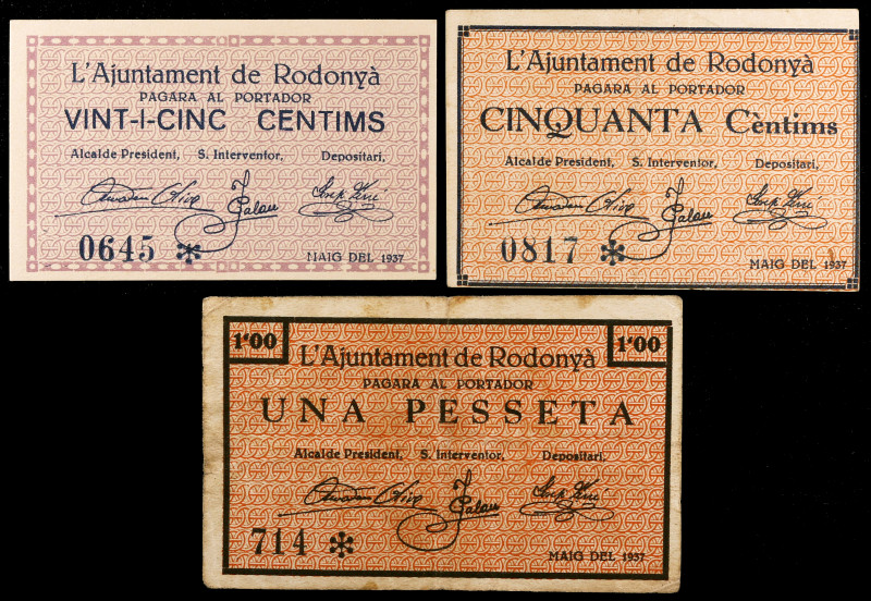 Rodonyà. Ajuntament. 25, 50 céntimos y 1 peseta. (T. 2532 a 2534). 3 billetes, s...